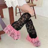 Anokhinaliza Y2K Star Lace Leg Socks Black pink Colored Sweet Leg Covers Wide Harajuku Japanese Knee High Boots Leg Cover JK Breathable Socks