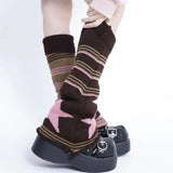 Anokhinaliza Japanese Striped Brown Star Leg Warmers Knitted Double-sided Woolen Stocking Flared Y2K Leg Cover Jk Winter Stocking Stockings