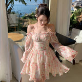 Anokhinaliza Summer Floral Dress Women Slash Neck Female Long Sleeve Fairy Dress Off Shoulder Pink A-line Elegant  Beach Short Dresses