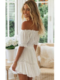 Anokhinaliza Summer Two Piece Sets Women Bohemian Casual Beach Skirts 2Pcs Sets Lace Off Shoulder Crop Tops and Short Pleated Skirt