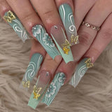 Anokhinaliza 24Pcs Long Ballet False Nails Green Gradient Curve Flower Design Press on Nails with Golden Butterfly Rhinestone Fake Nails