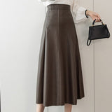 Anokhinaliza New Autumn Winter PU Leather mi-long Women's Skirts with Belted High Waist A-line Skirt Mid-calf Umbrella Skirts