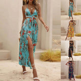 Anokhinaliza Summer Dresses For Women Sexy Split Long Dresses Beach Floral Dress Open Back Bow Knot Open Collar Slit Dress Vestidos