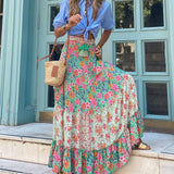 Anokhinaliza Streetwear Party Women Ruffle High Waist Long Skirt Summer Bohemian Floral Print A-line Skirt Casual High Waist  Beach Maxi Skir