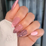 Anokhinaliza 24Pcs Round Head Fake Nails with French Design Long Almond Pink Love False Nail Tips Wearable Acrylic Full Cover Press on Nails