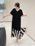 Anokhinaliza Summer New Korea Woman Dress Vestidos Robe Elbise Loose Plus Size Patchwork Silk Velvet Stripe Short Sleeve Long Dress