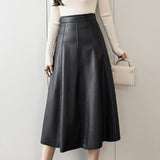 Anokhinaliza New Autumn Winter PU Leather mi-long Women's Skirts with Belted High Waist A-line Skirt Mid-calf Umbrella Skirts