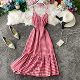 Anokhinaliza High Waist Plaid A Line Vestido Holiday Beach Elegant Ruffles Sleeveless Spaghetti Strap Dress V Neck Summer Ropa