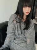 Anokhinaliza Y2K Vintage Gray Knitted Sweater Women Harajuku Retro Oversize Jumper Hollow Out Loose Pullover Top Hip Hop Korean Goth