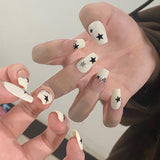 Anokhinaliza 24pcs y2k Fake Nails Black White Star Printed Press on Nail Tips Long Coffin European Artificial Nail Patch for Girl Women