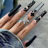 Anokhinaliza 24Pcs Full Cover False Nails Black French Butterfly Design Press on Nails with Rhinestones Ballet Fake Nails Wearable Nail Tips