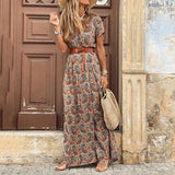 Anokhinaliza Boho Long Dress for Women Fashion V Neck Short Sleeve Paisley Print Dresses Summer Belt Large Hem Beach Dress Elegant Maxi Dress