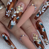 Anokhinaliza 24Pcs Long Ballet False Nails Full Cover Fake Nails with Rhinestone Brown Wood Grain Design Nail Tips Coffin Press on Nails