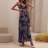 Anokhinaliza Summer Dresses For Women Sexy Split Long Dresses Beach Floral Dress Open Back Bow Knot Open Collar Slit Dress Vestidos