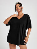 Anokhinaliza Plus Size T Shirt 4XL Fashion Women Half Sleeve V Neck Black Oversized Casual Blouse Summer Elegant Solid Ladies Tops