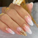 Anokhinaliza 24Pcs Pink Almond False Nails Shiny Golden Ripples Stiletto Fake Nails Detachable Oval Full Cover Press on Nails Tips Manicure