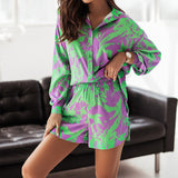 Two Piece Sets Womens Outifits Long Sleeve Shirt and Short Print Shorts Suits Vintage Casual Loose Elegant Lapel Women's Suit
