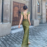 Anokhinaliza Elegant Women Green Satin Backless Mixi Dress Palace Short Sleeve Lace V-Neck Bandage Vintage Bodycon Dress Robe Summer Vestidos