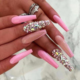 Anokhinaliza 24Pcs French Long Ballet Nails Set Press on Long False Nails with Pink Rhinestone Wearable Coffin Fake Nails Full Cover Nail Tip