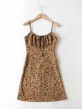 Anokhinaliza Summer Brown Floral Print Backless Sling Dress Summer Woman Adjust Spaghetti Strap Short Dresses Beach Holiday Vestidos