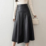 Anokhinaliza New Autumn Winter PU Leather mi-long Women's Skirts with Belted High Waist A-line Skirt Mid-calf Umbrella Skirts