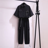 Anokhinaliza alt black girl  going out classic style women edgy style tutu Cargo Suit female new summer student Korean loose chic short tactical shirts + high waist handsome overalls pants techwear