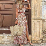 Anokhinaliza Boho Long Dress for Women Fashion V Neck Short Sleeve Paisley Print Dresses Summer Belt Large Hem Beach Dress Elegant Maxi Dress