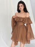 Anokhinaliza Holiday Irregular Long Sleeve Beach dress summer Ruffle sexy Off Shoulder female high waist chic women short dresses  Sundress