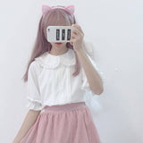 Anokhinaliza White Shirt Kawaii Peter Pan Collar Preppy Style Blouses Woman Sweet Ruffle Short Sleeve Tops Summer Fashion