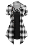 Anokhinaliza Crisscross Plaid Print Mock Button Casual Faux Twinset T Shirt Combo Women 2 in 1 Tee Twofer Summer High Waist Fashion T-Shirts