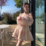 Anokhinaliza Summer Floral Dress Women Slash Neck Female Long Sleeve Fairy Dress Off Shoulder Pink A-line Elegant  Beach Short Dresses