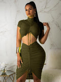 Anokhinaliza Neon Green Yellow Sexy Two Piece Set Women Turtleneck Short Sleeve Crop Top+ Pleated Bodycon Dress Tracksuit 2 Piece Club Outfit