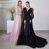 Anokhinaliza prom dresses tutu quince dresses  dama dresses  New Arrival V-neck Long Sleeve Formal Black Tulle Evening Dresses Sexy Front Split Backless Party Prom Evening Gowns