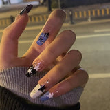 Anokhinaliza 24pcs y2k Fake Nails Black White Star Printed Press on Nail Tips Long Coffin European Artificial Nail Patch for Girl Women