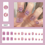 Anokhinaliza 24pcs/box Fake Nails Press on Short Reusable with Designs Set French Artificial Pink kawaii False Tipsy Stick-on Nails Tips Art