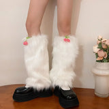 Anokhinaliza Women Cherry Fur Faux Leg Warmers Kawaii Lolita Leggings Boots Stocking Y2k Girls Boot Cover Harajuku Fur Foot Warming Cover