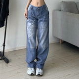 Anokhinaliza printed Cargo Jeans Y2K Dark Blue brown High Waist Streetwear 90S Baggy Jeans Women Pants Straight wide leg jeans