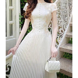 Anokhinaliza Summer White Lace Dress Women Elegant Hook Flower Hollow Vintage Party Vestido High Waisted Puff Sleeve Streetwear Bodycon Cloth