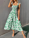 Anokhinaliza Fashion Women Summer Print Jacquard A-Line Dress Shrinkage Design Bow Decor Sling Sleeveless Backless High Waist Slim Long Dress