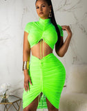 Anokhinaliza Neon Green Yellow Sexy Two Piece Set Women Turtleneck Short Sleeve Crop Top+ Pleated Bodycon Dress Tracksuit 2 Piece Club Outfit