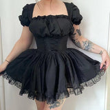 Anokhinaliza Lolita Black Dress Goth Aesthetic Puff Sleeve High Waist Vintage Bandage Lace Trim Party Gothic Clothes Summer Dress Woman