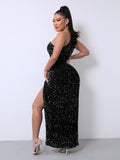 Anokhinaliza One Shoulder Wrap Split Thigh Sequin Formal Dress Medium Black Dress Wrap Hip Dress Party Dress Importan Occasion Dress