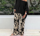 Anokhinaliza alt black girl going out classic style women edgy style church outfit brunch outfit cute spring outfits Women FashionPants Sets Sexy One Shoulder 3/4 Sleeve Tops Floral Print Wide Leg Trousers Two Piece Sets Casual Suits