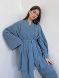 Anokhinaliza New Women's Nightgown Robe Pajama Sets Flare Nightgown Trouser Suits Drop Sleeves Set 100% Cotton Woman 2 Pieces Bathrobe