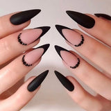 Anokhinaliza 24Pc Stiletto French False Nails Black Edge Designs Fake Nail with Rhinestone Almond Full Cover Nail Tips Wearable Press on Nail