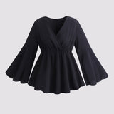 Anokhinaliza Plus Size 4XL Black Blouses Women's Autumn Flare Sleeve Peplum Tops V Neck Oversized T Shirts Elegant Casual Solid Clothing