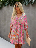 Anokhinaliza Summer Comfortable Leisure Dresses V-neck Above Knee Mini Casual Floral Empire Pullover Cotton Three Quarter Women's Clothing