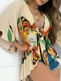 Anokhinaliza Tropical Print Bell Sleeve Blouse Tops Women