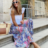 Anokhinaliza Streetwear Party Women Ruffle High Waist Long Skirt Summer Bohemian Floral Print A-line Skirt Casual High Waist  Beach Maxi Skir