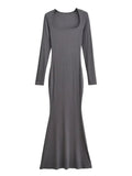 Anokhinaliza Sexy Square Collar Knitted Cotton Maxi Long Mermaid Dress Women Full Sleeve Stretch Basic Bodycon Fishtail Robe Vestido